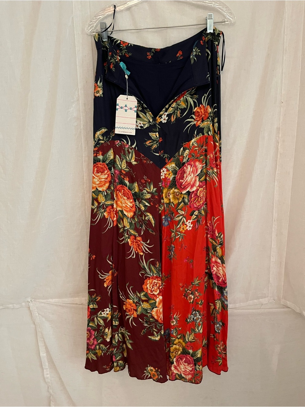 FARM Rio Floral Patchwork Maxi Skirt in Navy, Burgundy & Red